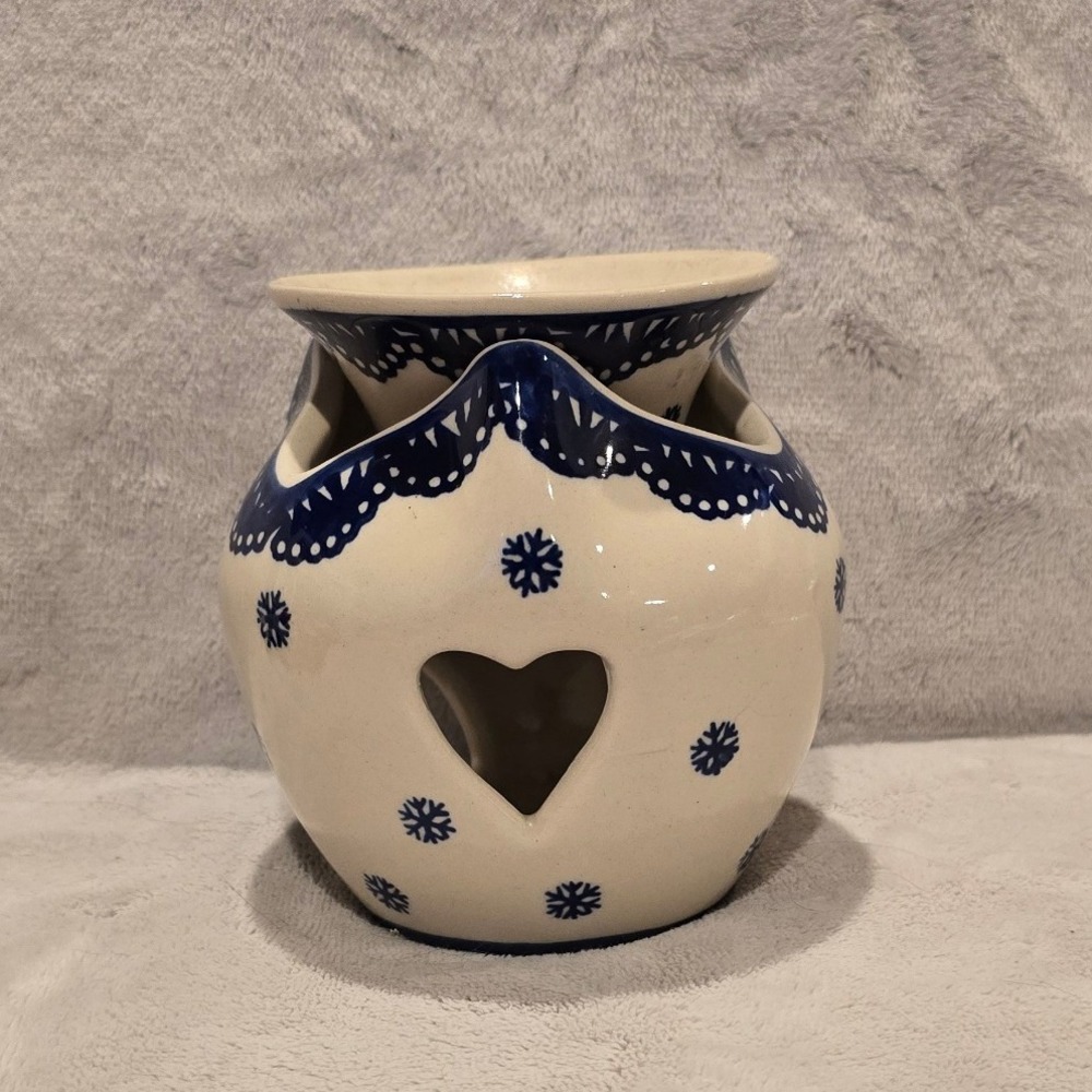 Boleslawcu Polish Pottery Wax Warmer Snowflake Heart Blue White Ceramic 4.5"H